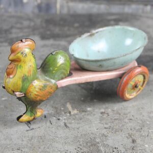 Vintage Wyandotte Toy, Tin Lithograph Rooster Pulling An Easter Egg Cart